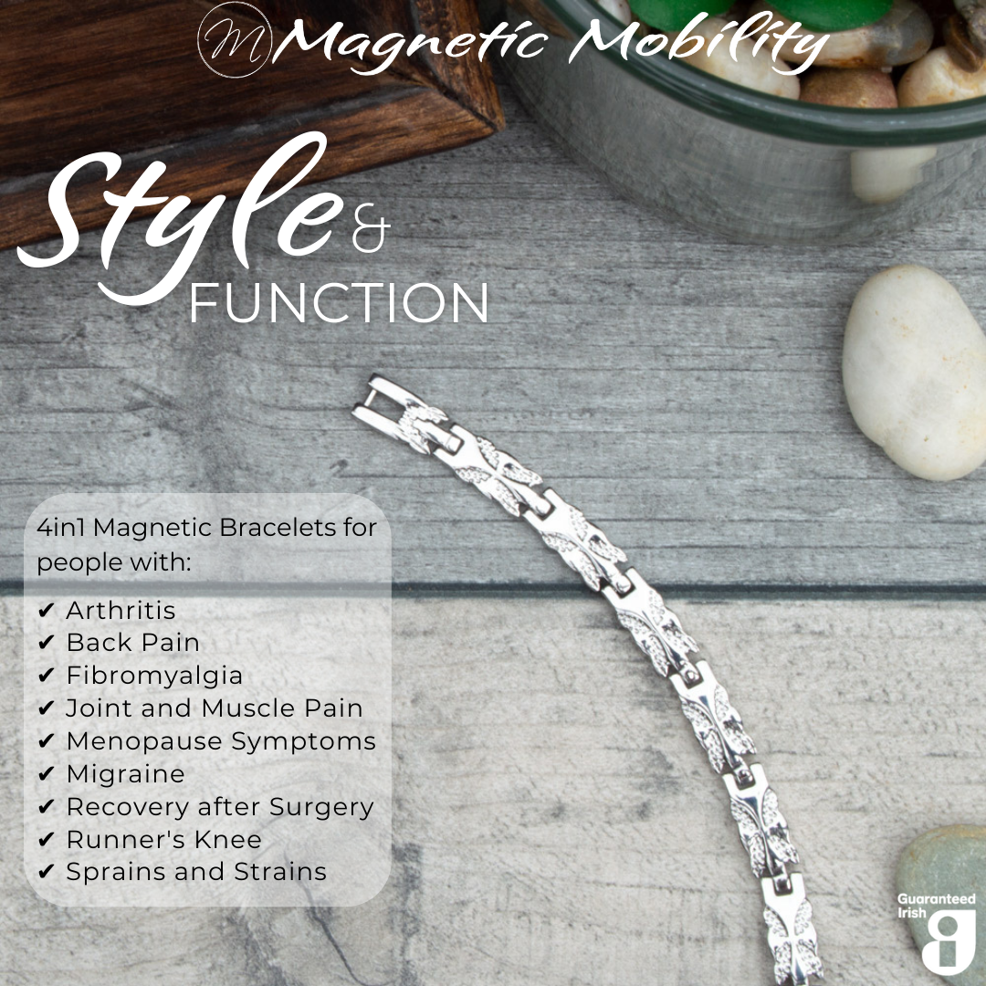 Top view of the Meadowsweet Star 4in1 magnetic bracelet by Magnetic Mobility, promoting arthritis, back pain, fibromyalgia relief with a stylish silver butterfly design.