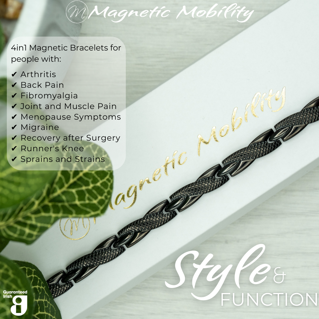 Top view of the Snapdragon night 4in1 Magnetic bracelet from Magnetic Mobility on a white gift box. The bracelet is designed for people with arthritis, back pain, fibromyalgia, joint and muscle pain, menopause symptoms, migraine and more.