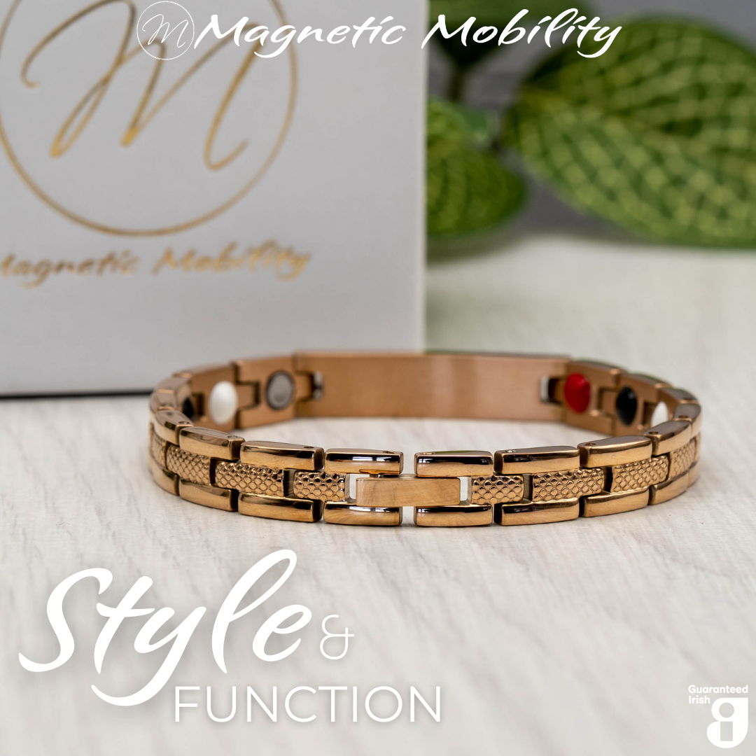 Back view of the Honesty Dawn 4in1 Magnetic Bracelet from Magnetic Mobility in rose gold finish. The view shows the strong clasp on the link bracelet.