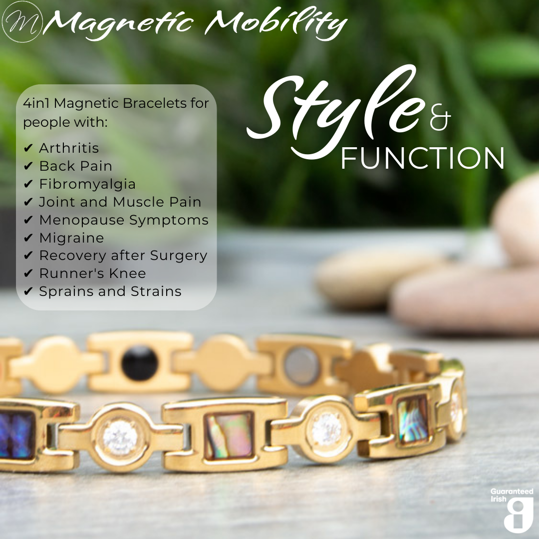 Avens Sun 4in1 Magnetic Bracelet from Magnetic Mobility on a women's wrist with a 5 star customer review from Trustpilot reading " Beautiful products, my bracelet has helped with pain and I'm sleeping better".