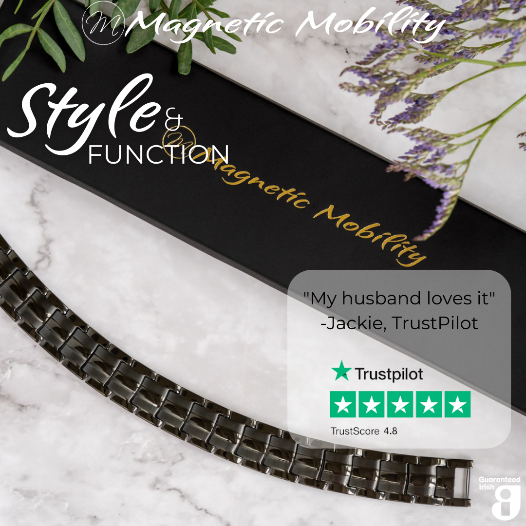 Top view of the Ashe Night Double Strength 4in1 Magnetic Bracelet from Magnetic Mobility with a Customer review from Trustpilot stating "My husband loves it".