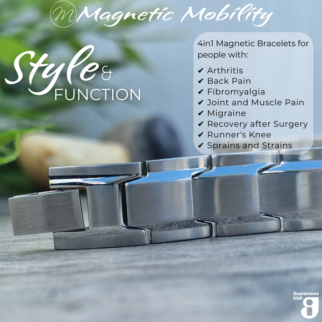 Close up view of the clasp on a Alexanders Star 4in1 Magnetic Bracelet. A sleek silver coloured stainless steel 4in1 Magnetic Bracelet for people with arthritis, back pain, fibromyalgia, sports injuries and more.