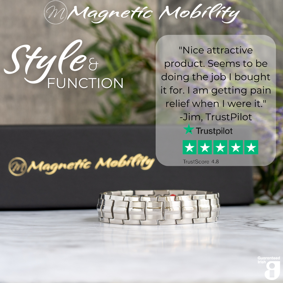 Front view of the Ashe Star Double Strength 4in1 Magnetic Bracelet from Magnetic Mobility with a 5 star Customer review from Trustpilot stating "Nice attractive product. Seems to be doing the job I bought it for. I am getting pain relief when I wear it"