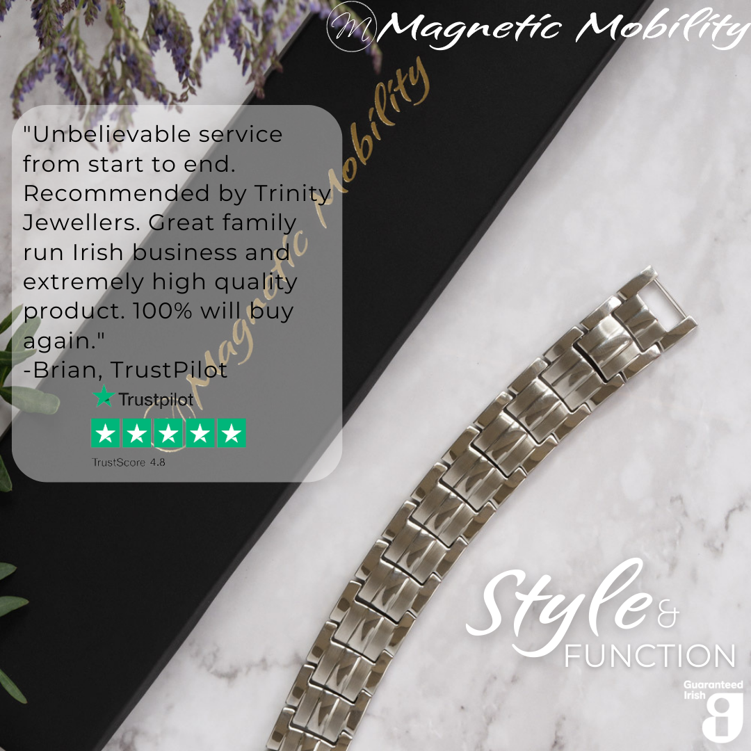 Front view of the Ashe Star Double Strength 4in1 Magnetic Bracelet from Magnetic Mobility with a 5 star Customer review from Trustpilot stating "Unbelievable service from start to end. Great family run Irish business and extremely high quality product."
