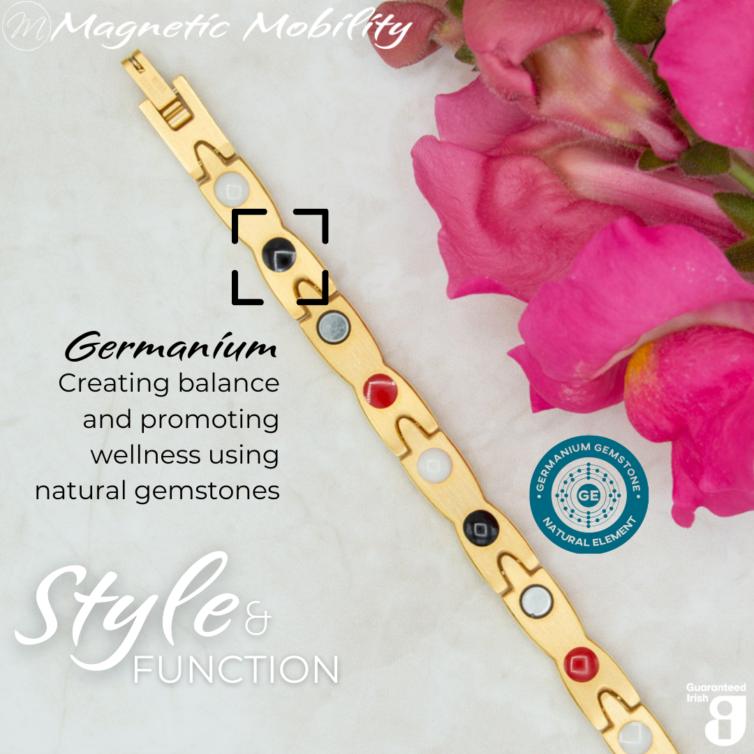 Snapdragon Sun 4in1 magnetic bracelet by Magnetic Mobility, featuring germanium elements that promote balance and wellness using natural gemstones. Ideal for enhancing health and relieving various ailments.