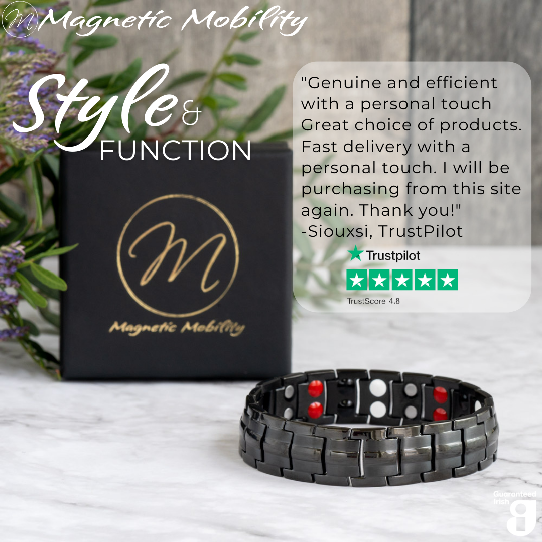 Front view of the Ashe Night Double Strength 4in1 Magnetic Bracelet from Magnetic Mobility with a 5 star Customer review from Trustpilot stating "Genuine and efficient with a personal touch"