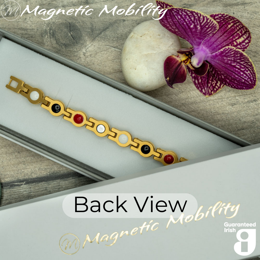 Back view of the Angelica's Sun 4in1 Magnetic Bracelet from Magnetic Mobility showing the 4 health elements hidden on the back of the bracelet. The bracelet is shown inside of a gift box.