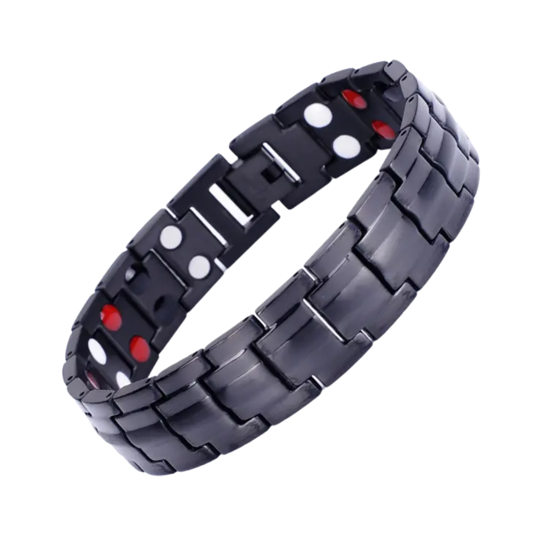 Ashe Night Double strength 4in1 magnetic bracelet by Magnetic Mobility, promoting arthritis, back pain, fibromyalgia relief with a stylish black design. The bracelet features a double row of health elements.
