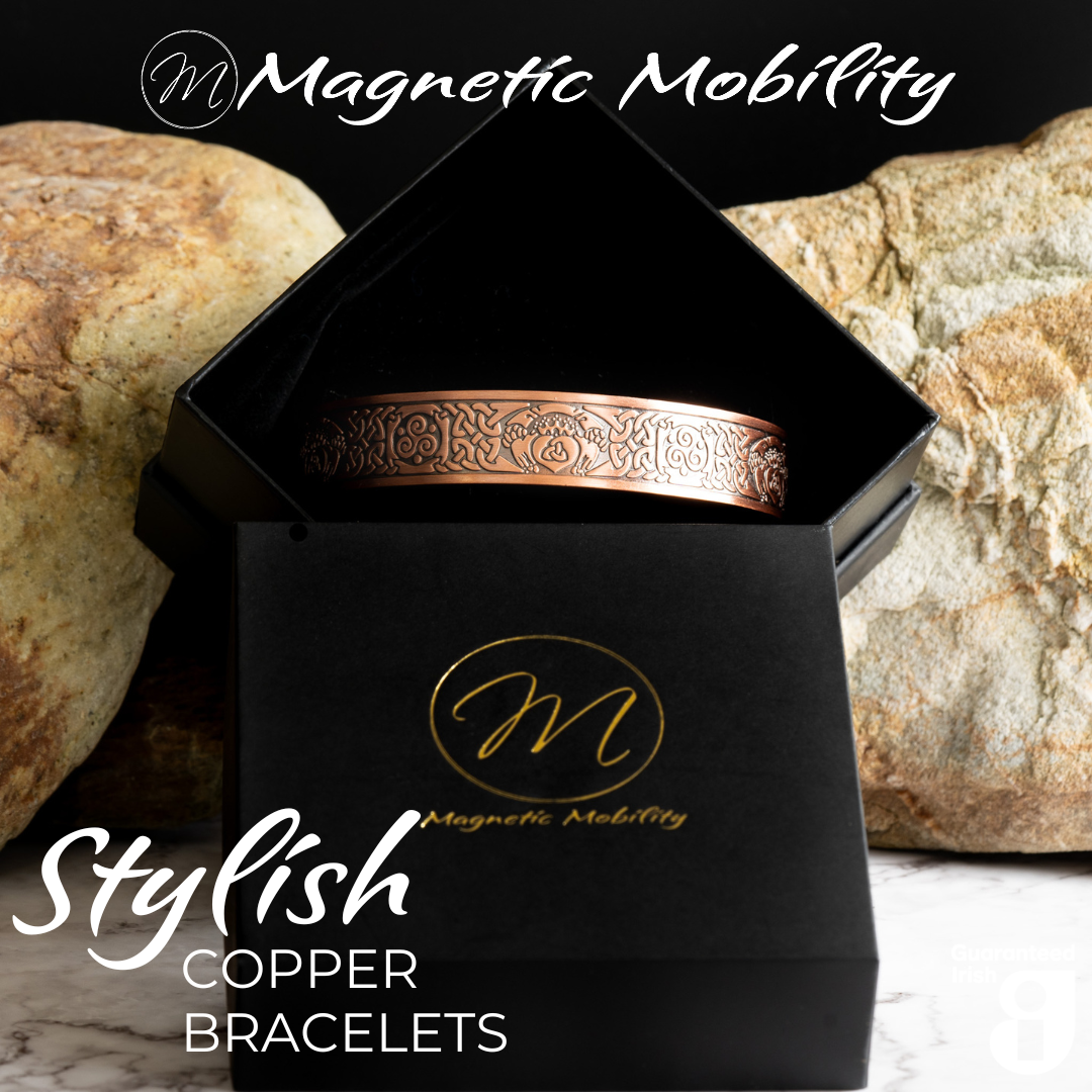 Stylish copper magnetic bracelet from Magnetic Mobility, featuring intricate Claddagh design and guaranteed Irish quality. The copper bracelet is presented in a Black Gift Box with the Magnetic Mobility Logo on the front.