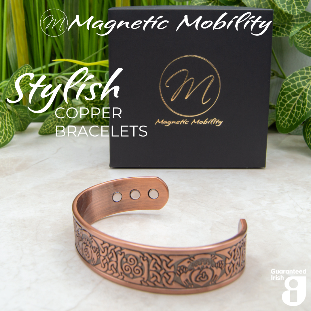 Front view of this stylish copper bracelet from Magnetic Mobility showcasing the Classic irish Claddagh design on the front and a luxury black gift box in the back of the image.