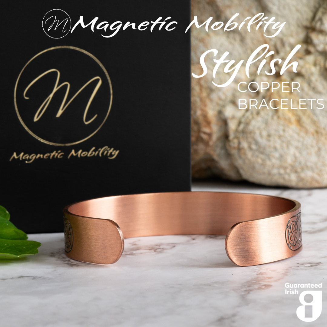 Back view of the Claddagh Copper bracelet from Magnetic Mobility. The view shows the open back of the bangle which gives easy adjustability for this copper bracelet.