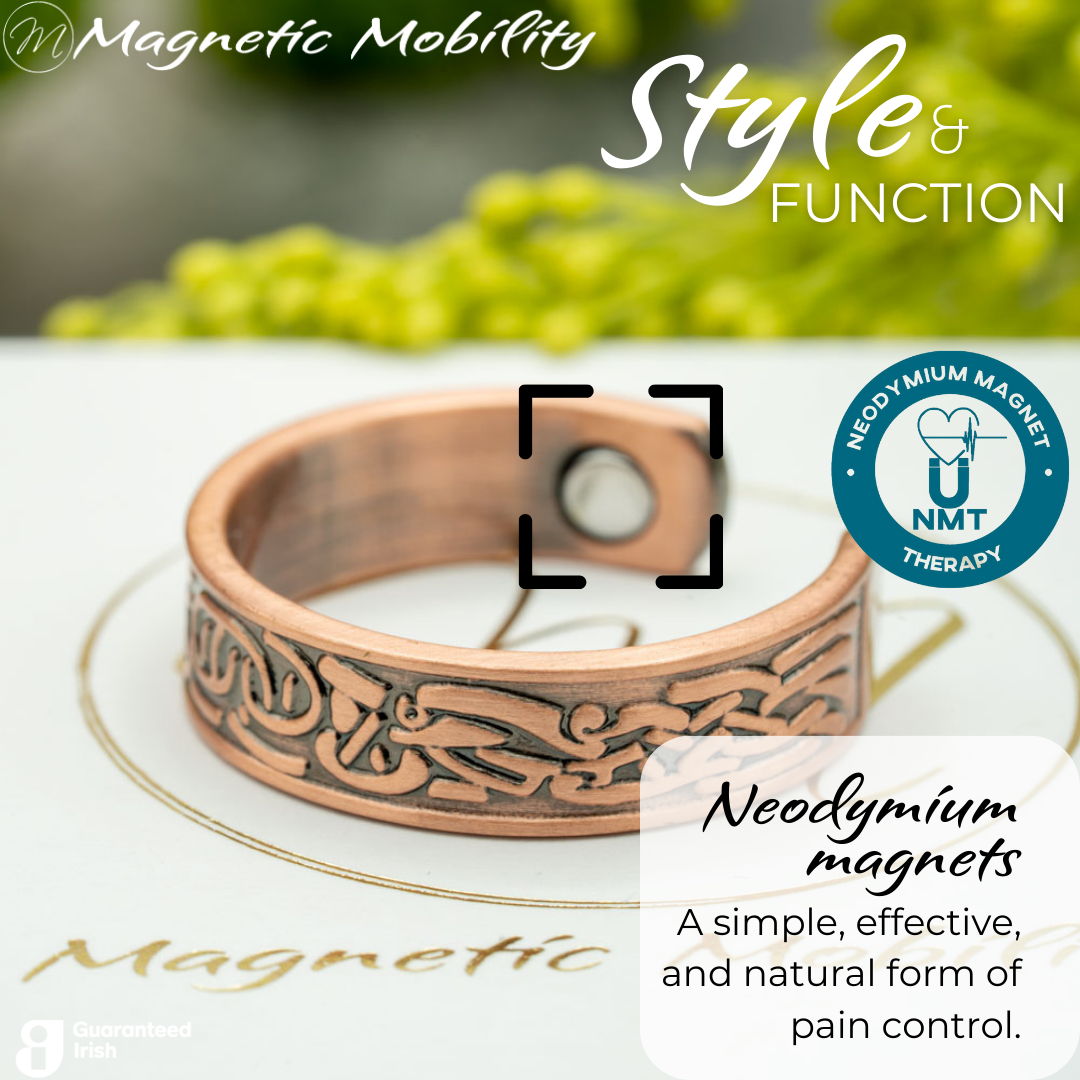 Close up of the Neodymium magnets on the Clover copper ring from Magnetic Mobility - the open backed ring features NTM or Neodymium magnet therapy for arthritis.