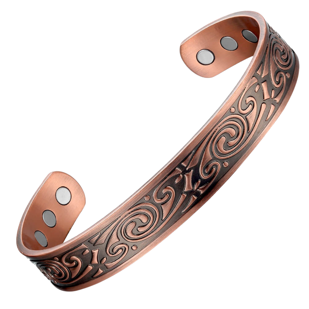 Feverfew Copper bracelet from Magnetic Mobility. A copper bracelet with a Celtic design. Featuring 6 strong neodymium magnets. Perfect for people with arthritis and back pain. 99% pure copper.