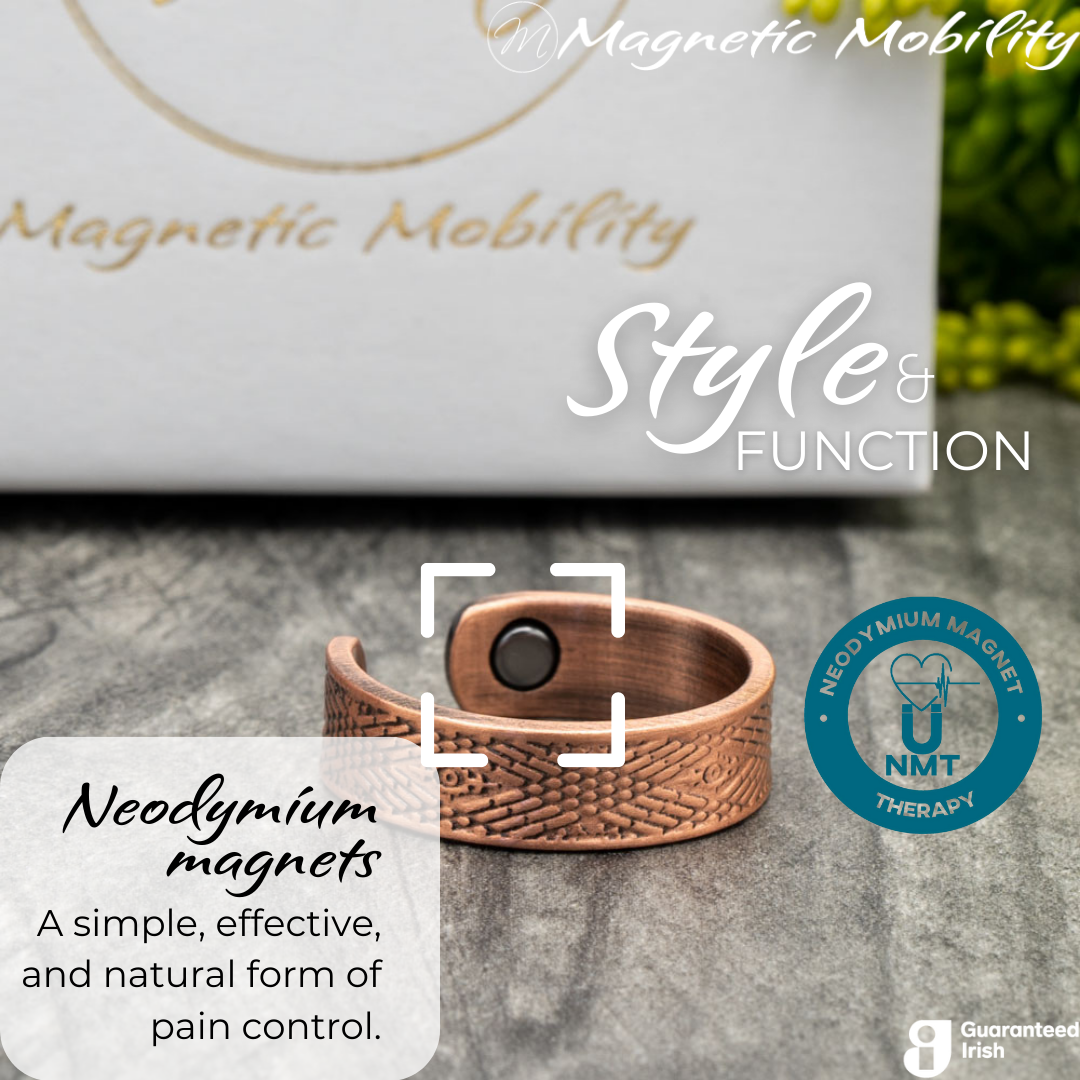 Close up of the Neodymium magnets on the Hawthorn copper ring from Magnetic Mobility - the open backed ring features NTM or Neodymium magnet therapy for arthritis.