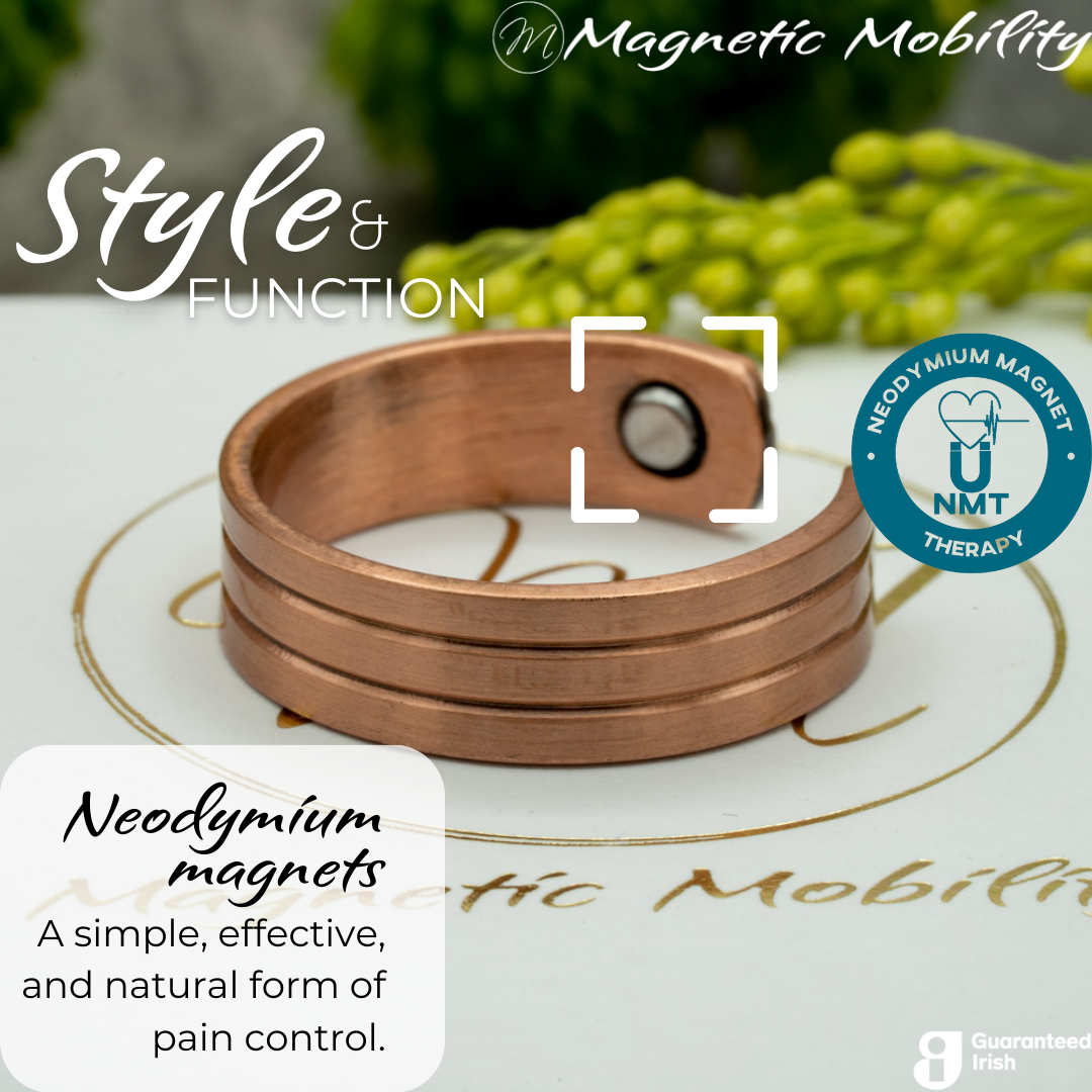 Close up of the Neodymium magnets on the Heath copper ring from Magnetic Mobility - the open backed ring features NTM or Neodymium magnet therapy for arthritis.