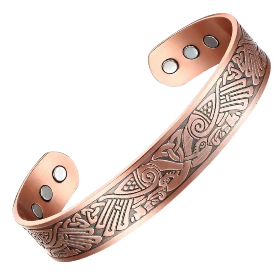 Kells Copper bracelet from Magnetic Mobility. A copper bracelet with a Irish design inspired by the Book of Kell's. Featuring 6 strong neodymium magnets. Perfect for people with arthritis and back pain. 99% pure copper.