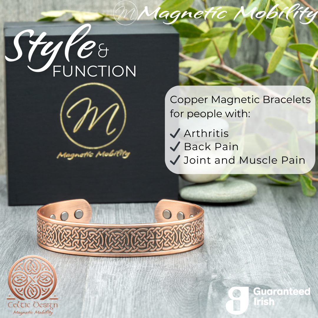 Stylish copper magnetic bracelet from Magnetic Mobility, featuring intricate geometric design and guaranteed Irish quality. The copper bracelet is presented in a Black Gift Box with the Magnetic Mobility Logo on the front. Text states " Copper Magnetic Bracelets for people with Arthritis, Back pain, Joint and Muscle Pain. Part of the Celtic Collection from Magnetic Mobility. Guaranteed Irish.