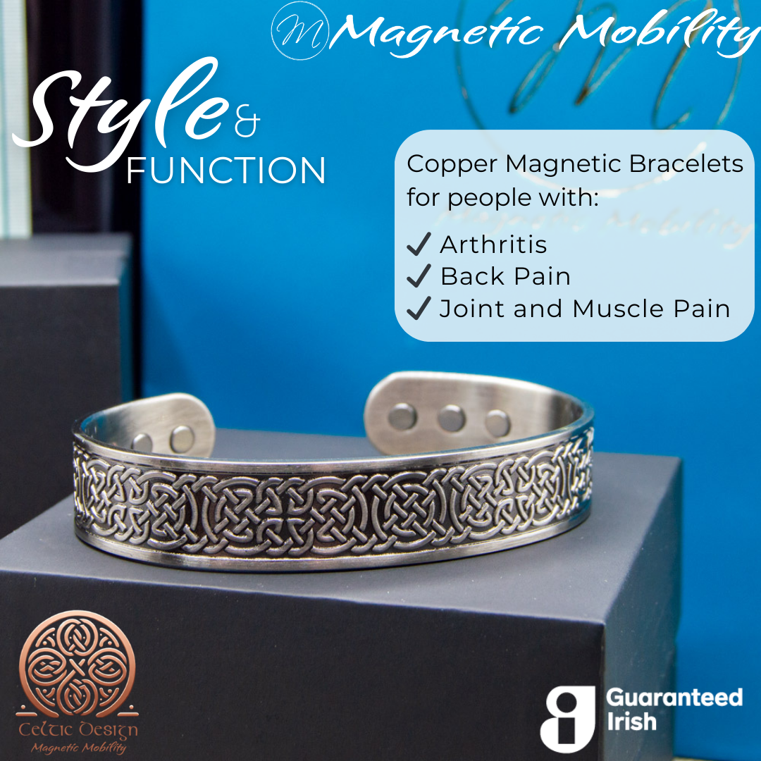Stylish copper magnetic bracelet from Magnetic Mobility, featuring intricate Irish designs and guaranteed Irish quality. The copper bracelet is presented on a Black Gift Box with the Magnetic Mobility Logo on the front. Text states " Copper Magnetic Bracelets for people with Arthritis, Back pain, Joint and Muscle Pain. Part of the Celtic Collection from Magnetic Mobility. Guaranteed Irish.