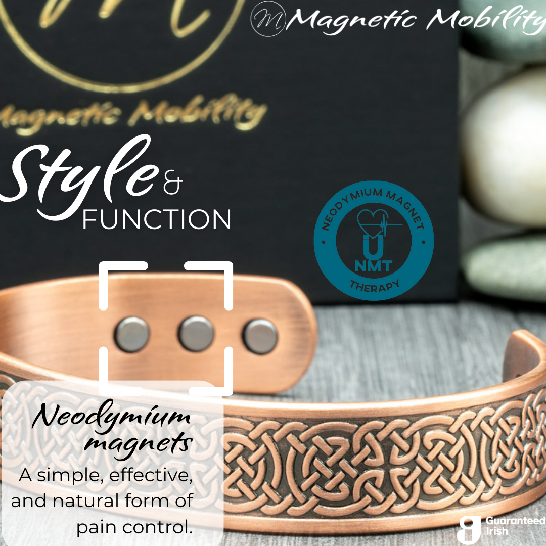 Close up view of the Irish design on this Privet Copper Magnetic Bracelet from Magnetic Mobility. 3 Magnets are also visible on the back of the bracelet. part of the Celtic Collection from Magnetic Mobility.