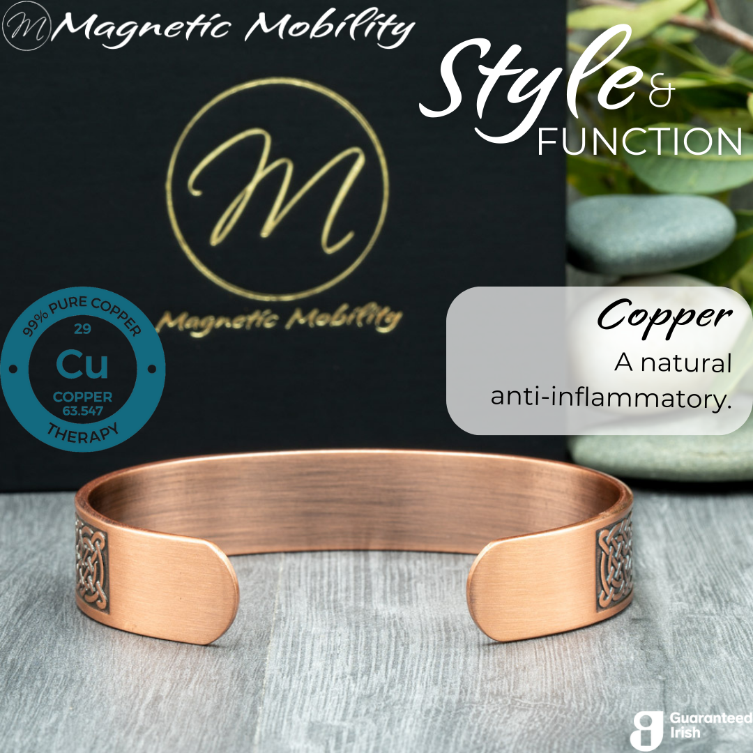 Back view of the Privet Copper bracelet from Magnetic Mobility. The view shows the open back of the bangle which gives easy adjustability for this copper bracelet.