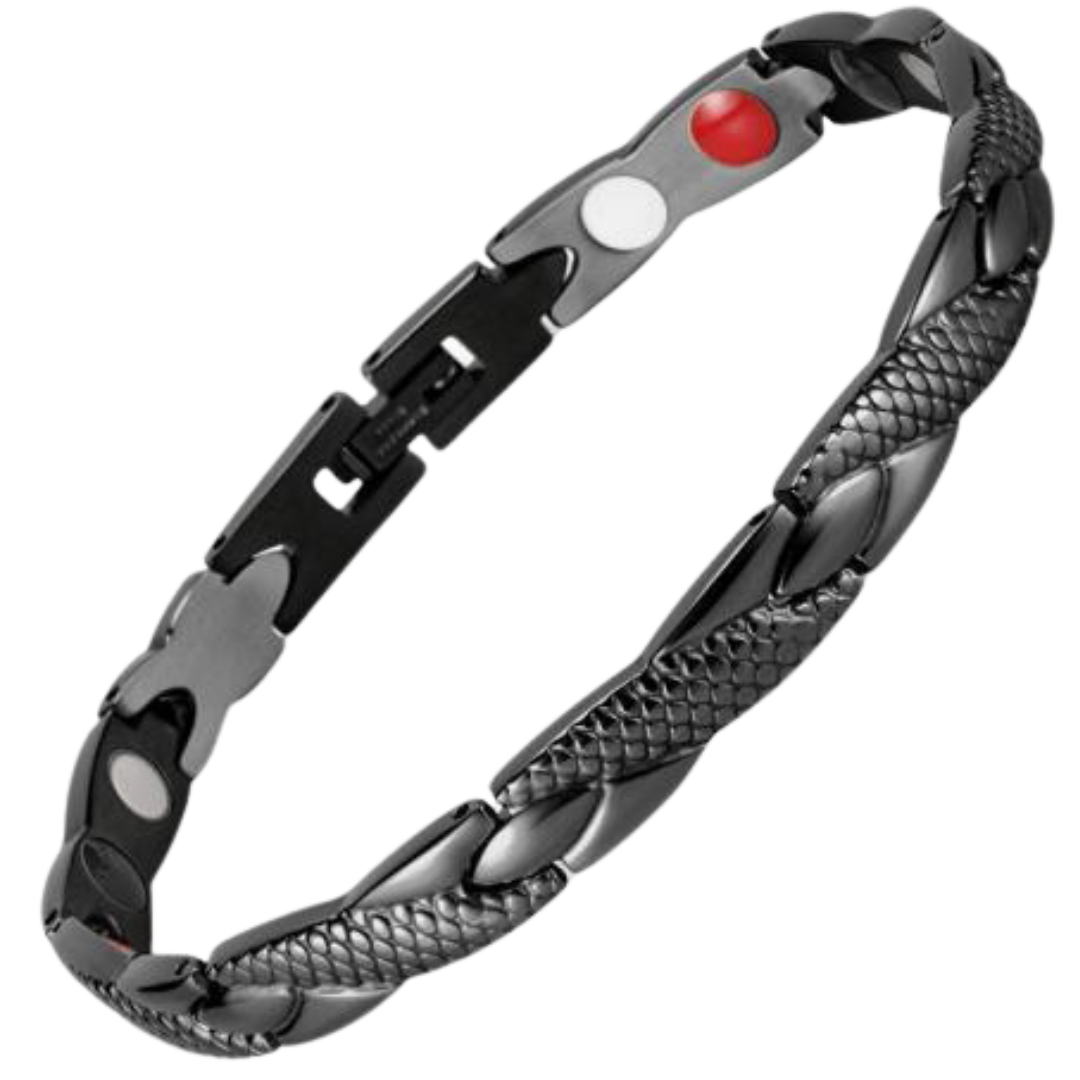 Snapdragon Night 4in1 magnetic bracelet by Magnetic Mobility, promoting arthritis, back pain, fibromyalgia relief with a black snakeskin type design. The bracelet features 4in1 health elements.