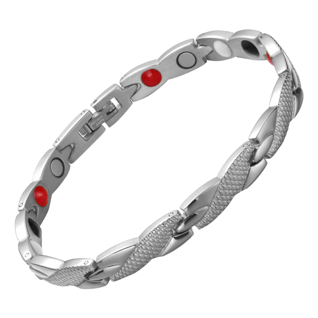 Snapdragon Star 4in1 magnetic bracelet by Magnetic Mobility, promoting arthritis, back pain, fibromyalgia relief with a silver snakeskin type design. The bracelet features 4in1 health elements.