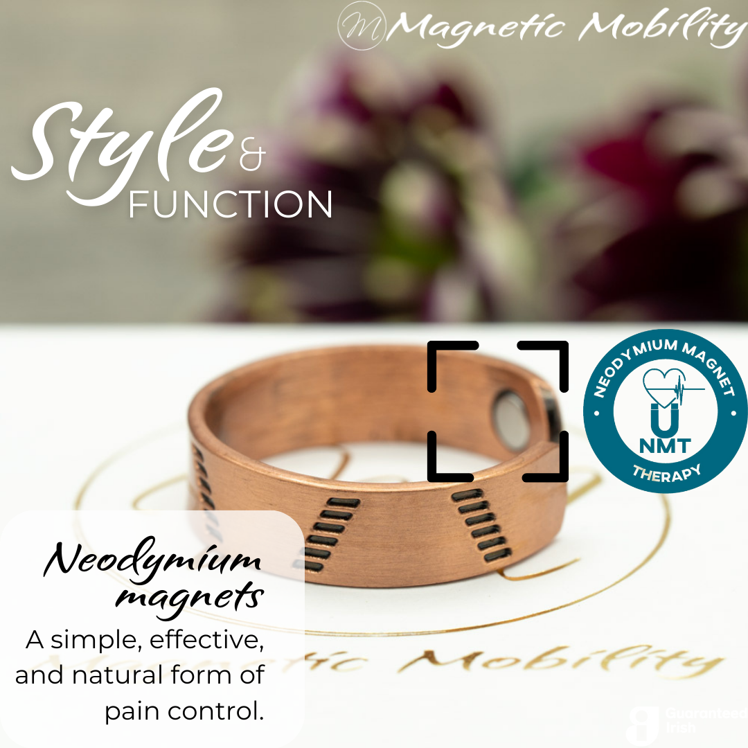 Close up of the Neodymium magnets on the Soloman copper ring from Magnetic Mobility - the open backed ring features NTM or Neodymium magnet therapy for arthritis.