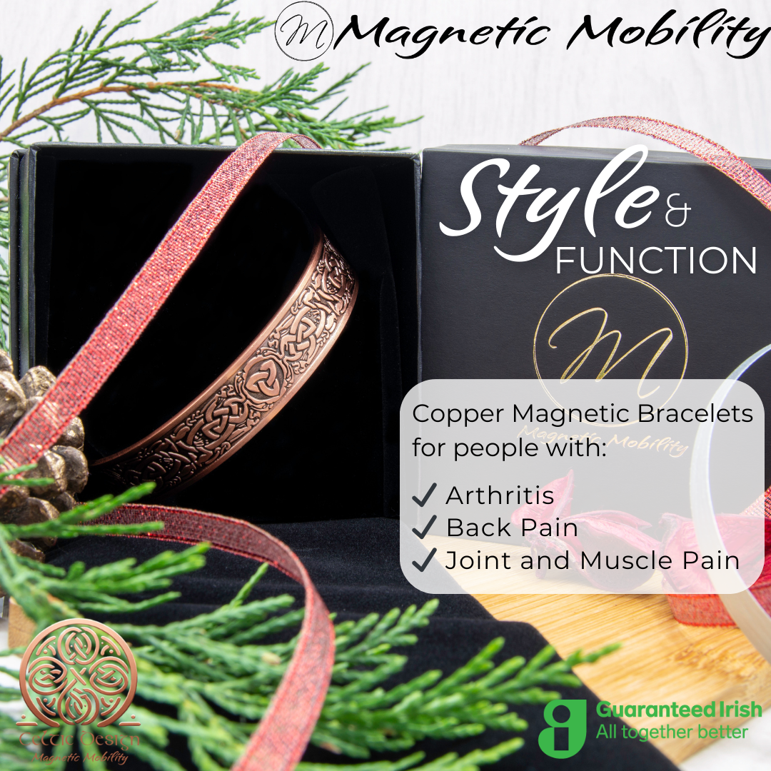 Front view of the Trinity copper bracelet by Magnetic Mobility. Shown inside a black gift box and Christmas decorations. The words "Style and Function" are written on the image along with "Copper Magnetic Bracelets for people with arthritis, back pain and more". Part of the Celtic Collection. Features a guaranteed Irish logo.