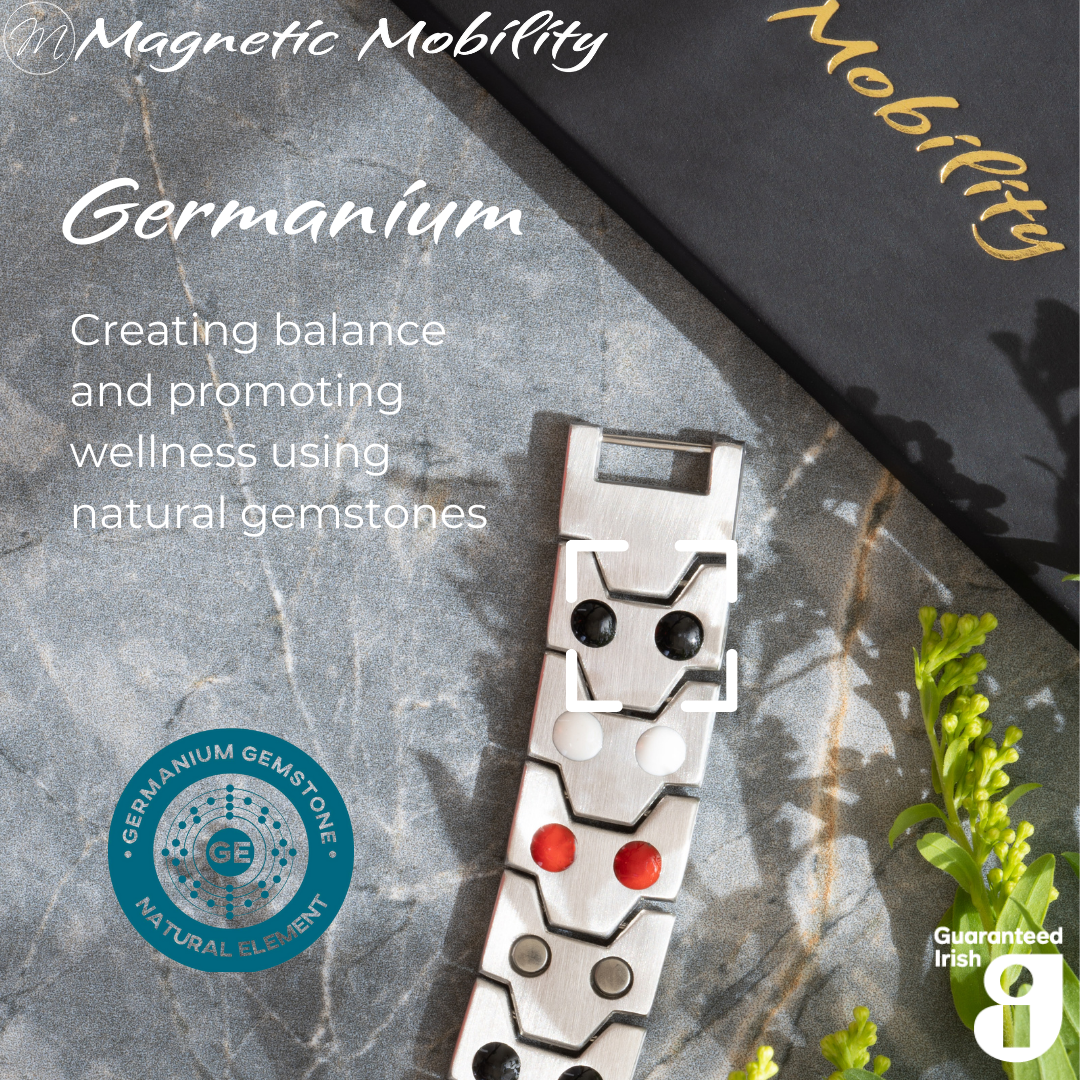 Aster Star Double strength 4in1 magnetic bracelet by Magnetic Mobility, featuring germanium elements that promote balance and wellness using natural gemstones. Ideal for enhancing health and relieving various ailments.