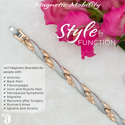 Top view of the Snapdragon dusk 4in1 magnetic bracelet by Magnetic Mobility, promoting arthritis, back pain, fibromyalgia relief with a stylish silver and gold design.