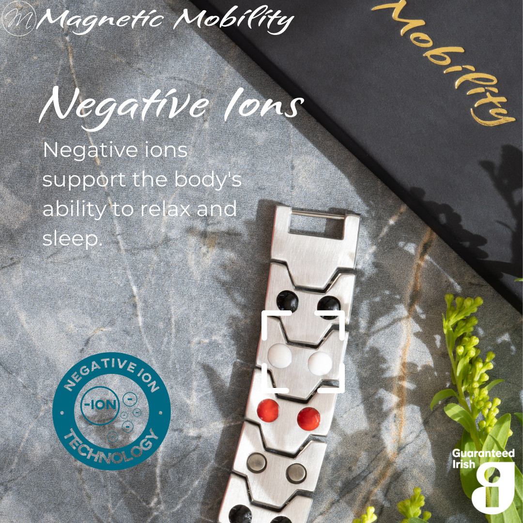 Aster Star Double strength 4in1 magnetic bracelet by Magnetic Mobility, highlighting the negative ions feature which supports the body's ability to relax and sleep. Ideal for reducing stress and promoting better health.