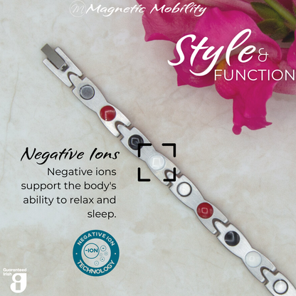 Snapdragon 4in1 magnetic bracelet by Magnetic Mobility, highlighting the negative ions feature which supports the body's ability to relax and sleep. Ideal for reducing stress and promoting better health.