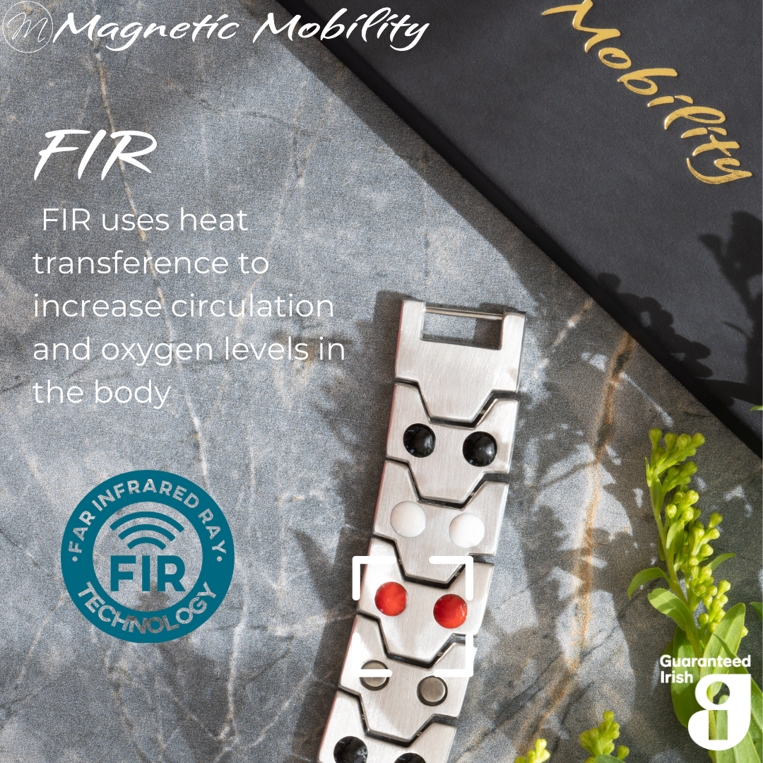 Aster Star Double strength 4in1 magnetic bracelet from Magnetic Mobility, showcasing FIR technology which uses heat transference to increase circulation and oxygen levels in the body. Enhances overall wellness and pain relief.