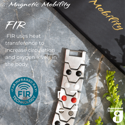 Aster Star Double strength 4in1 magnetic bracelet from Magnetic Mobility, showcasing FIR technology which uses heat transference to increase circulation and oxygen levels in the body. Enhances overall wellness and pain relief.