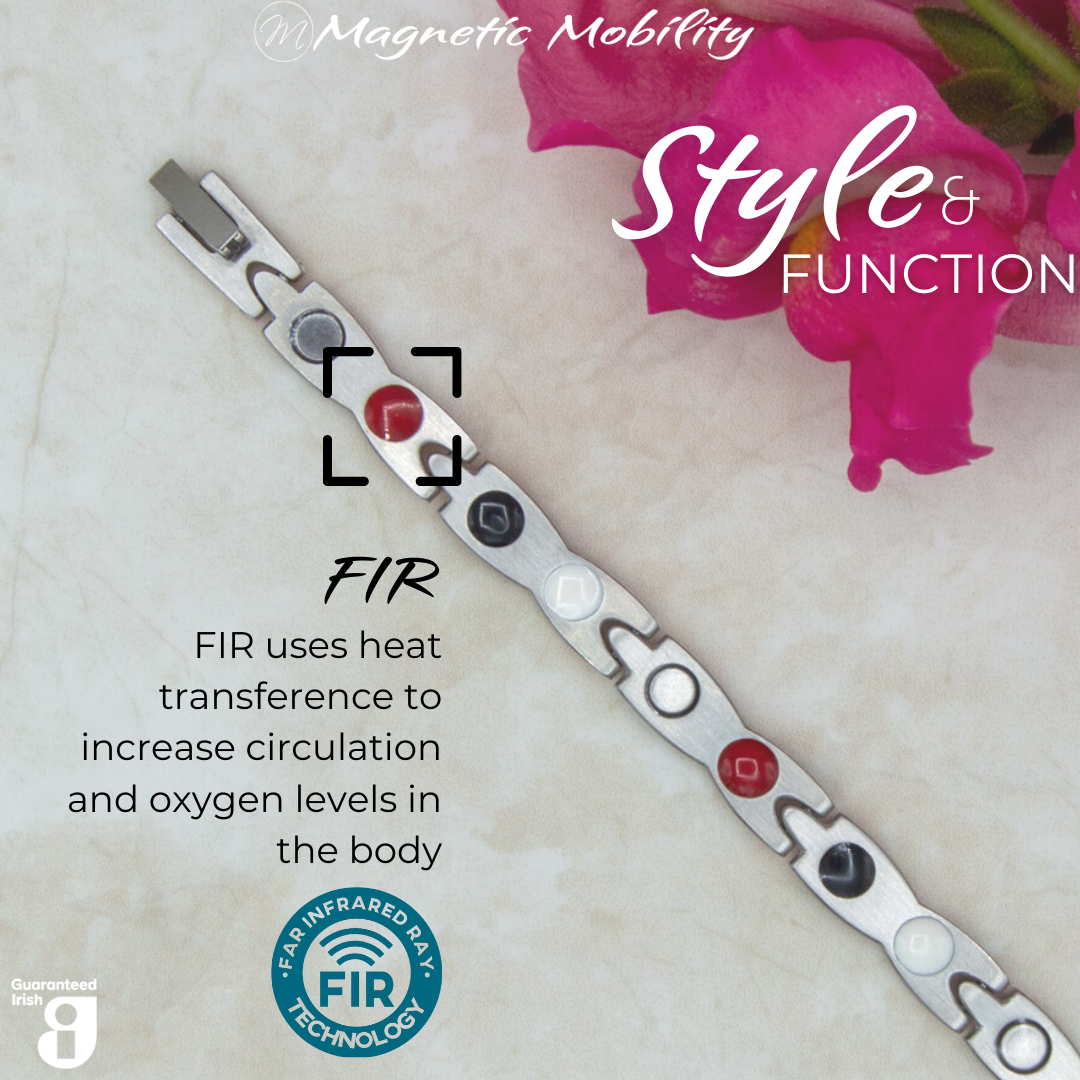 Snapdragon 4in1 magnetic bracelet from Magnetic Mobility, showcasing FIR technology which uses heat transference to increase circulation and oxygen levels in the body. Enhances overall wellness and pain relief.