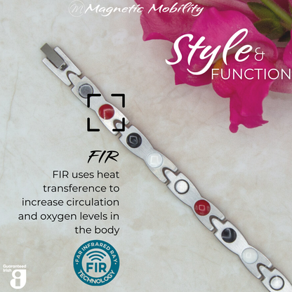 Snapdragon 4in1 magnetic bracelet from Magnetic Mobility, showcasing FIR technology which uses heat transference to increase circulation and oxygen levels in the body. Enhances overall wellness and pain relief.