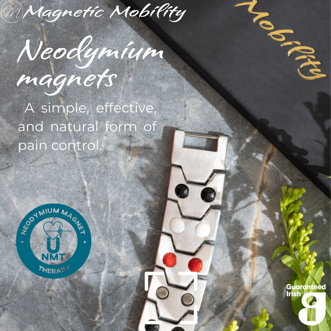 Aster Star Double strength 4in1 magnetic bracelet from Magnetic Mobility, highlighting neodymium magnets which offer a simple, effective, and natural form of pain control. Perfect for alleviating arthritis, back pain, fibromyalgia, and more.