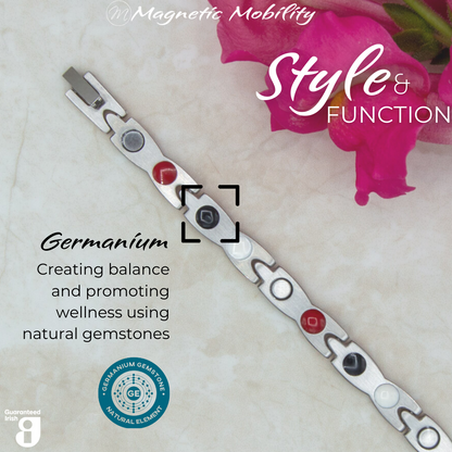 Snapdragon 4in1 magnetic bracelet by Magnetic Mobility, featuring germanium elements that promote balance and wellness using natural gemstones. Ideal for enhancing health and relieving various ailments.