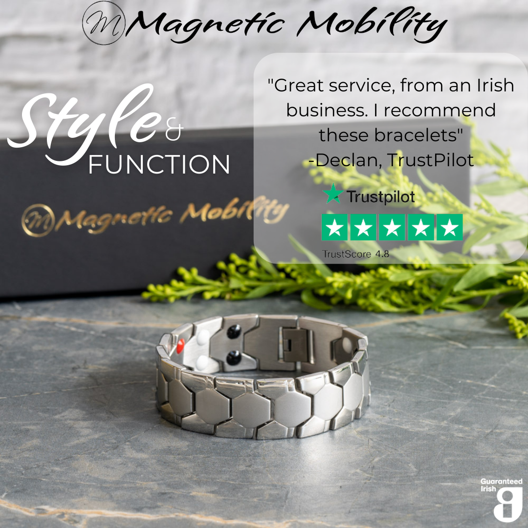 Front view of the Aster Star Double Strength 4in1 Magnetic Bracelet from Magnetic Mobility with a 5 star Customer review from Trustpilot stating "Great service from an Irish business. I recommend these bracelets"  