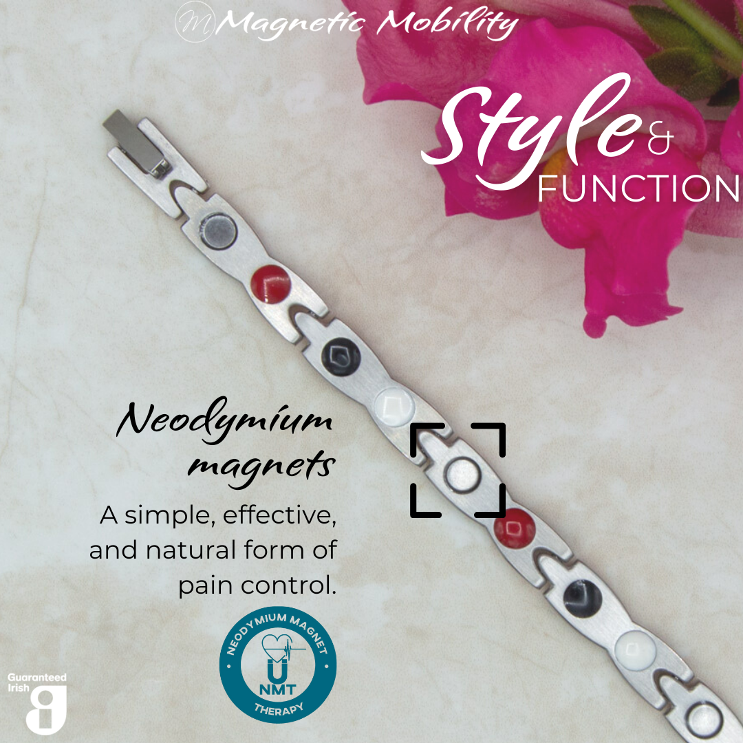 Snapdragon Star 4in1 magnetic bracelet from Magnetic Mobility, highlighting neodymium magnets which offer a simple, effective, and natural form of pain control. Perfect for alleviating arthritis, back pain, fibromyalgia, and more.