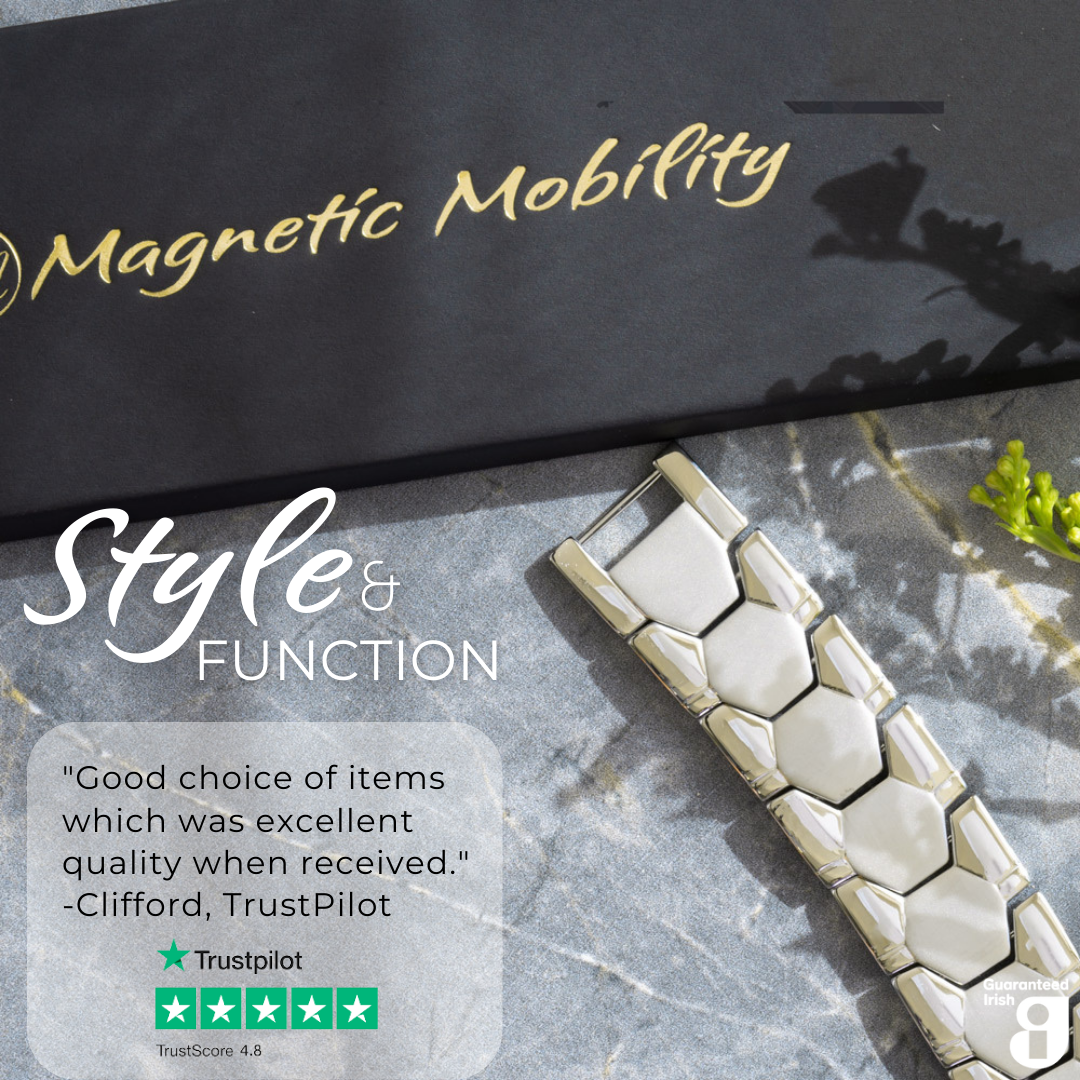 Front view of the Aster Star Double Strength 4in1 Magnetic Bracelet from Magnetic Mobility with a 5 star Customer review from Trustpilot stating "Good choice of items which was excellent quality when received"  