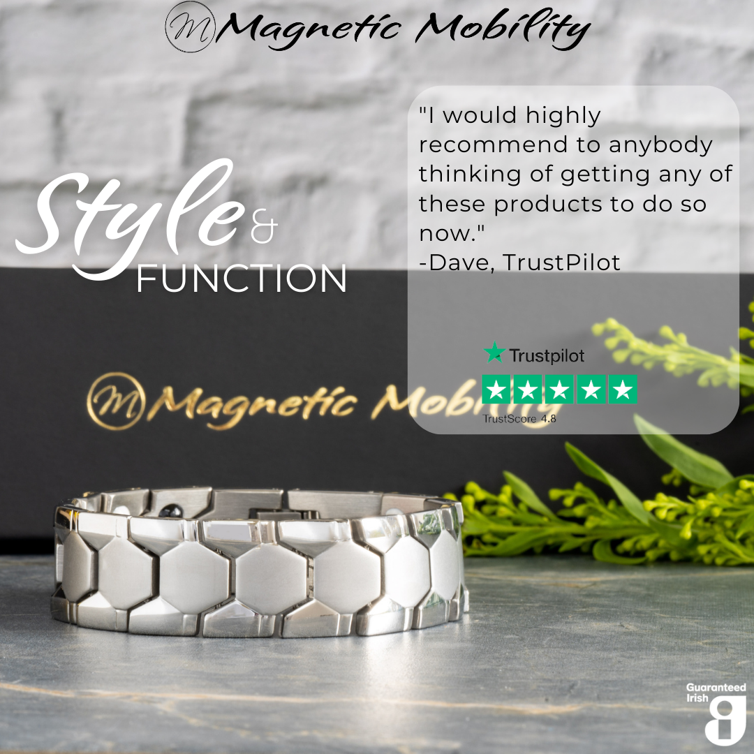 Front view of the Aster Star Double Strength 4in1 Magnetic Bracelet from Magnetic Mobility with a 5 star Customer review from Trustpilot stating "I would highly recommend to anybody thinking of getting any of these products to do so"  
