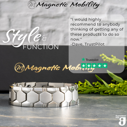 Front view of the Aster Star Double Strength 4in1 Magnetic Bracelet from Magnetic Mobility with a 5 star Customer review from Trustpilot stating "I would highly recommend to anybody thinking of getting any of these products to do so"  
