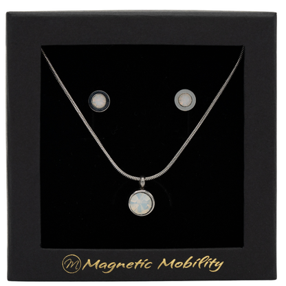 June Magnetic Mobility Birthstone Gift Set featuring a Magnetic Necklace and Stud Earrings featuring opal Swarovski crystals, elegantly presented in a black box with Magnetic Mobility branding. These magnetic back earrings offer stylish pain relief.